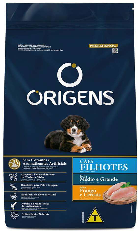 Origens para Cães Filhote Raças Médias e Grandes Sabor Frango e Cereais 3kg